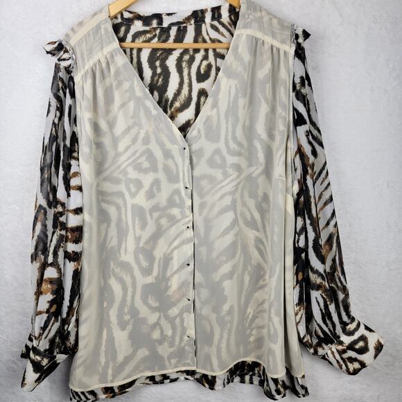 2X Blouse VNeck Animal Button Up Flowy Sheer Long Sleeve Tunic Top Office Career - Picture 6 of 12